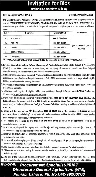 Agriculture Department Lahore Tender Notice